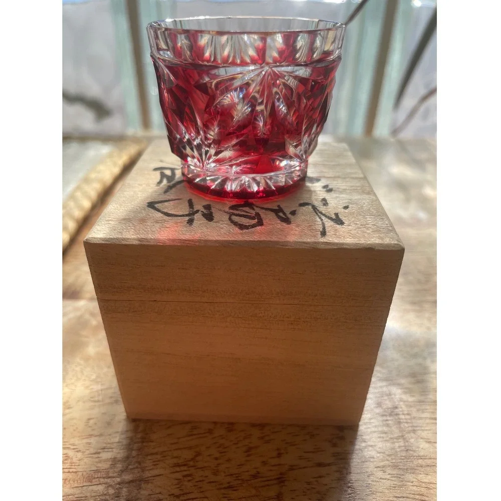 Vtg Wako Ginza Tokyo Edo Kiriko Ruby Red Cut Glass Sake Cup Guinomi Signed Boxed